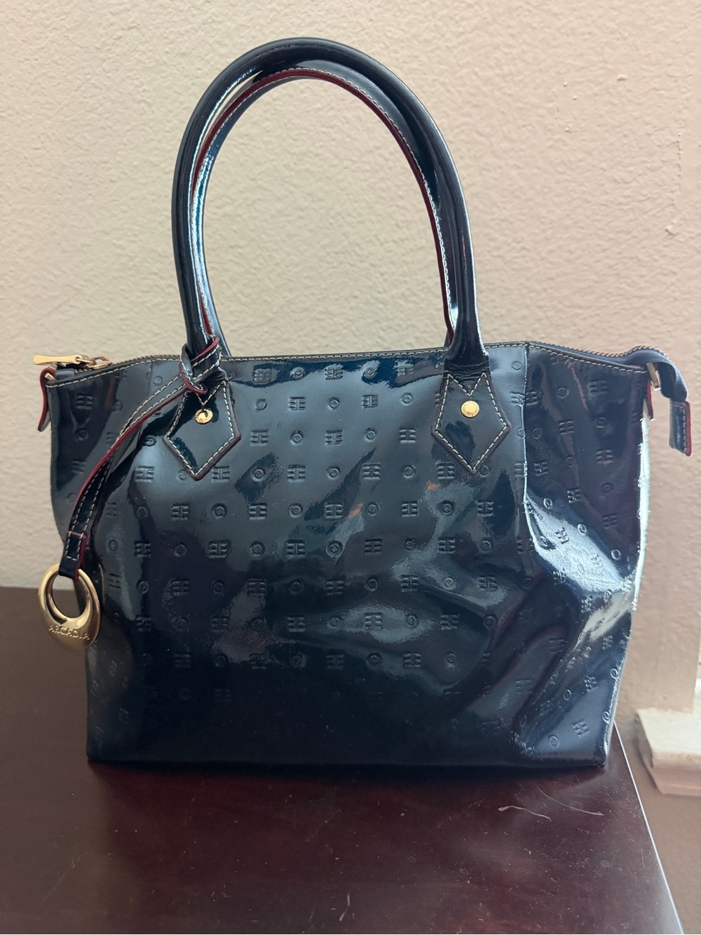 Arcadia Black Patent Tote with Gold Hardware